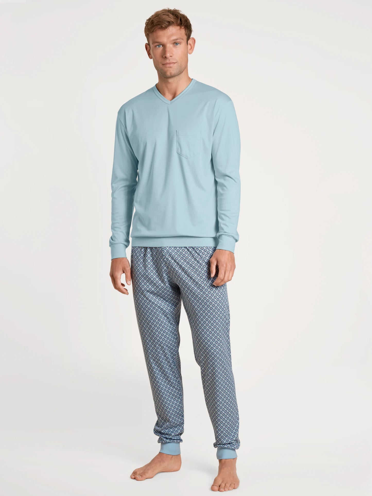 CALIDA Men's V Neck Swiss Cotton Knit Cuffs Pajamas Set 42286