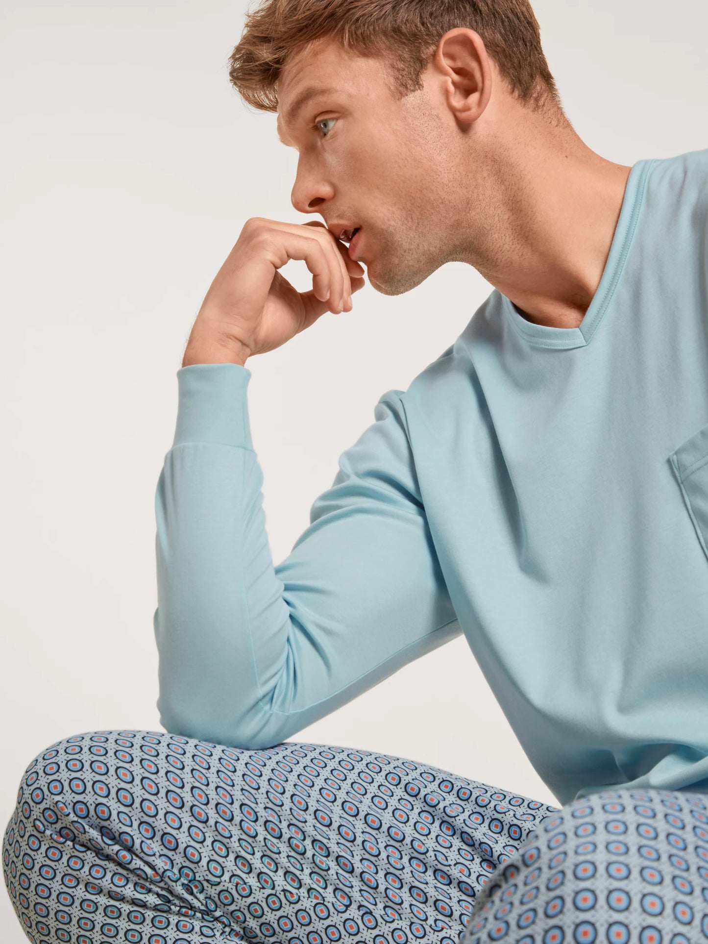 CALIDA Men's V Neck Swiss Cotton Knit Cuffs Pajamas Set 42286