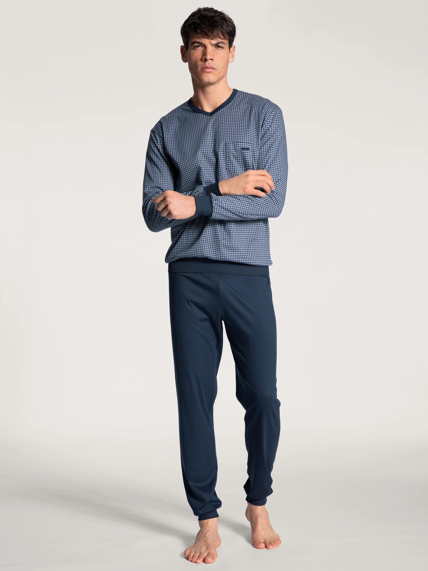 CALIDA Men's V Neck Swiss Cotton Knit Cuffs Pajamas Set 42167