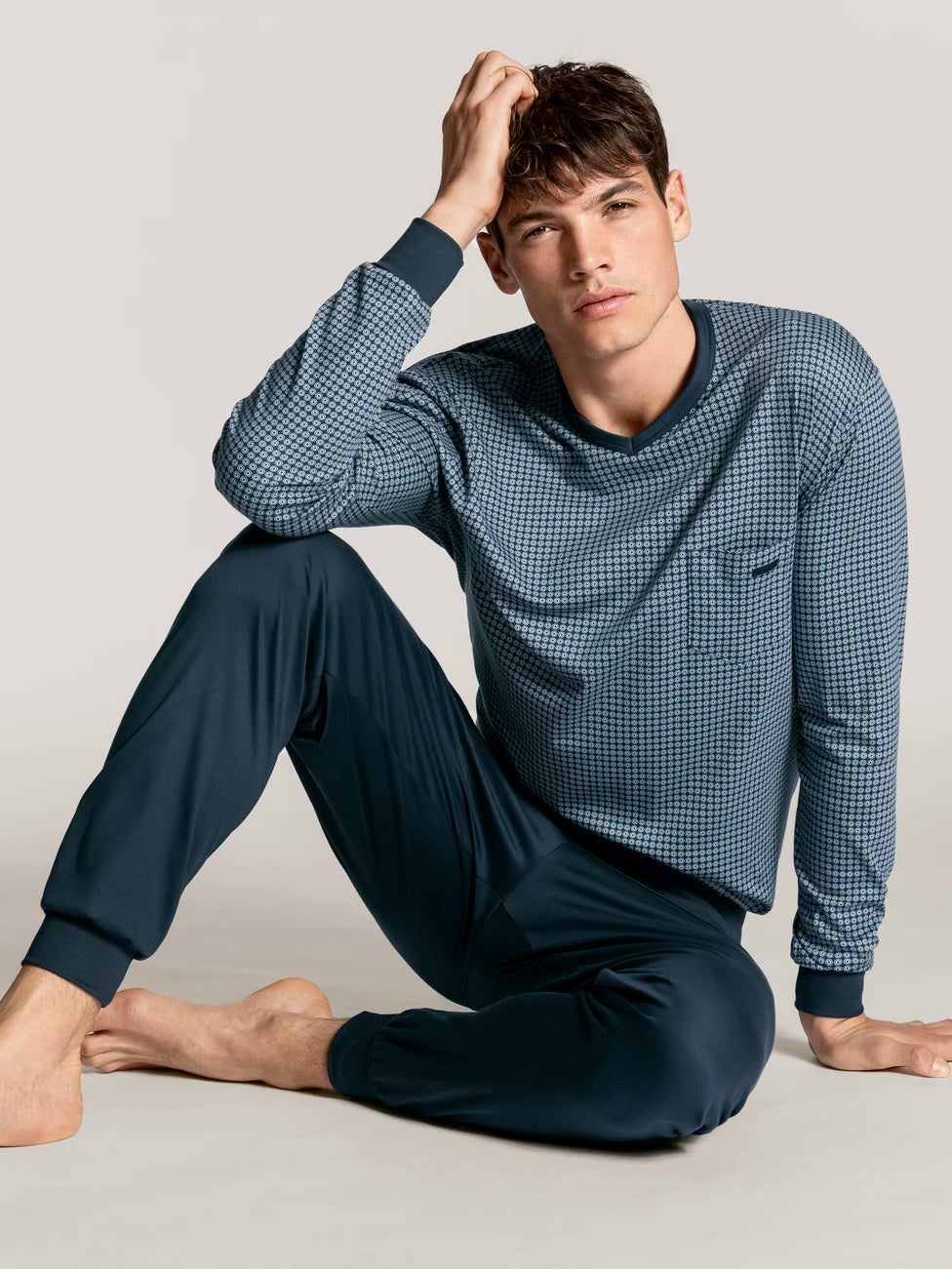 CALIDA Men's V Neck Swiss Cotton Knit Cuffs Pajamas Set 42167