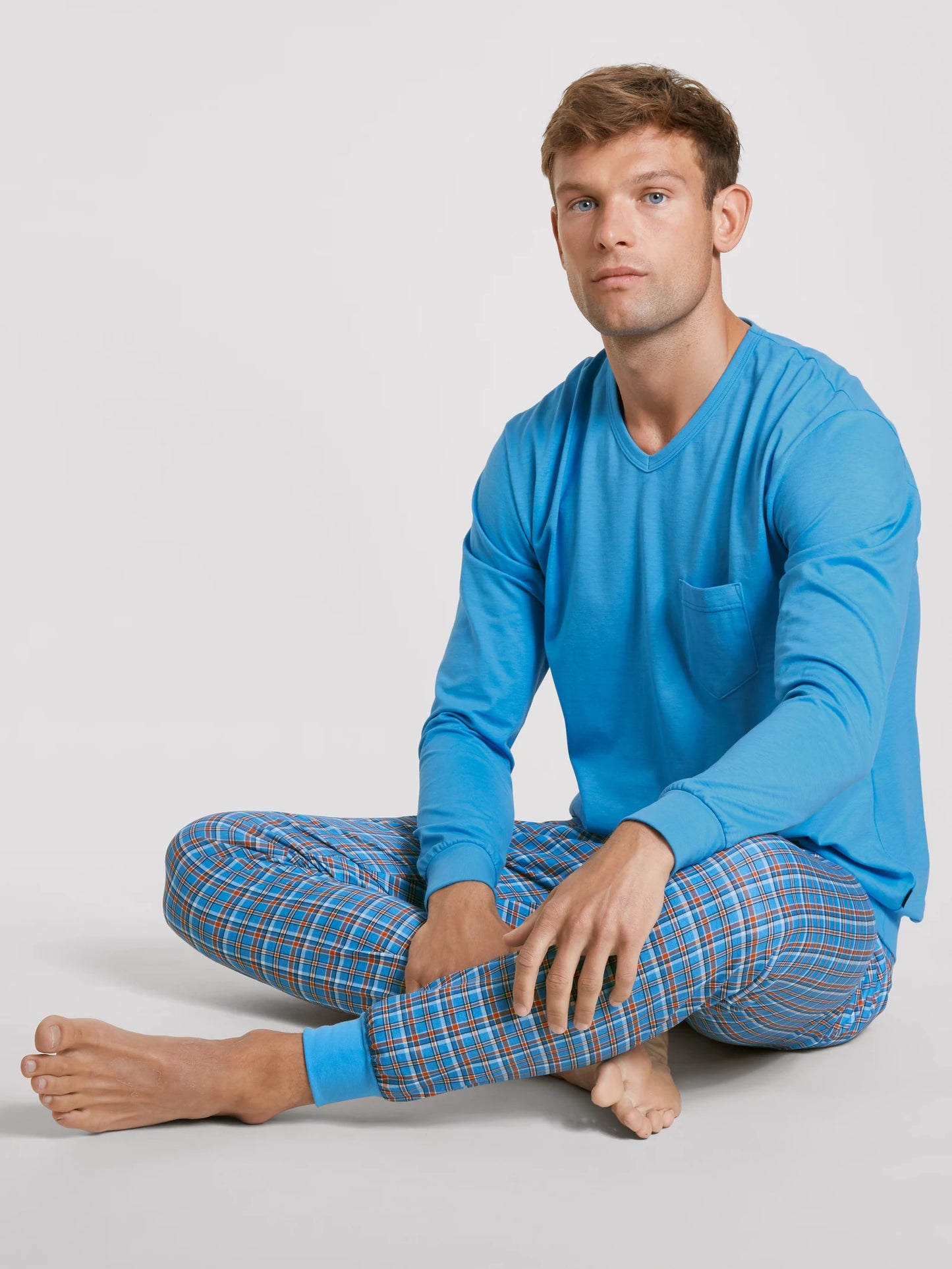 CALIDA Men's V Neck Cotton Knit Cuffs Pajamas Set 44684