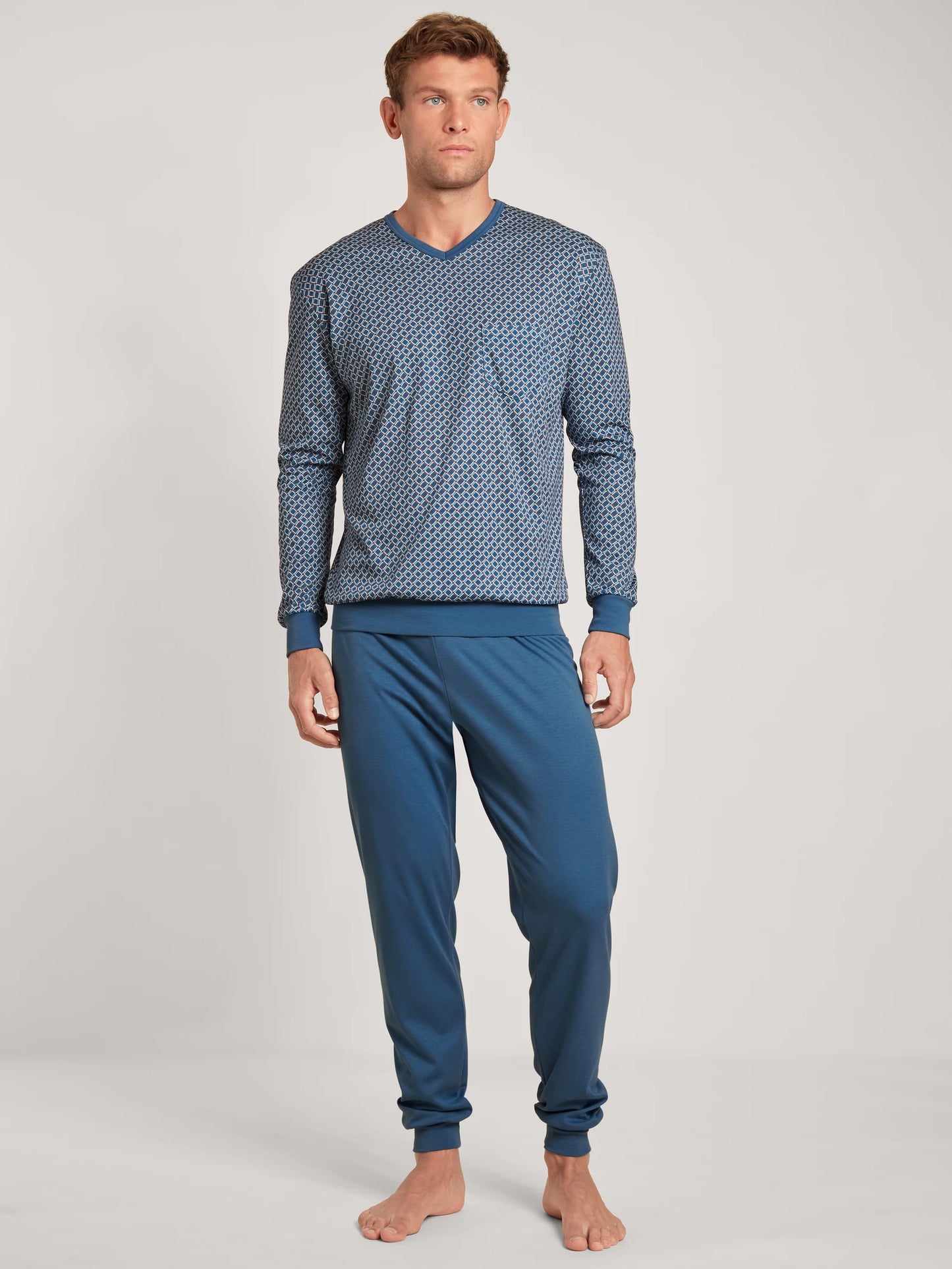 CALIDA Men's V Neck Cotton Knit Cuffs Pajamas Set 43786