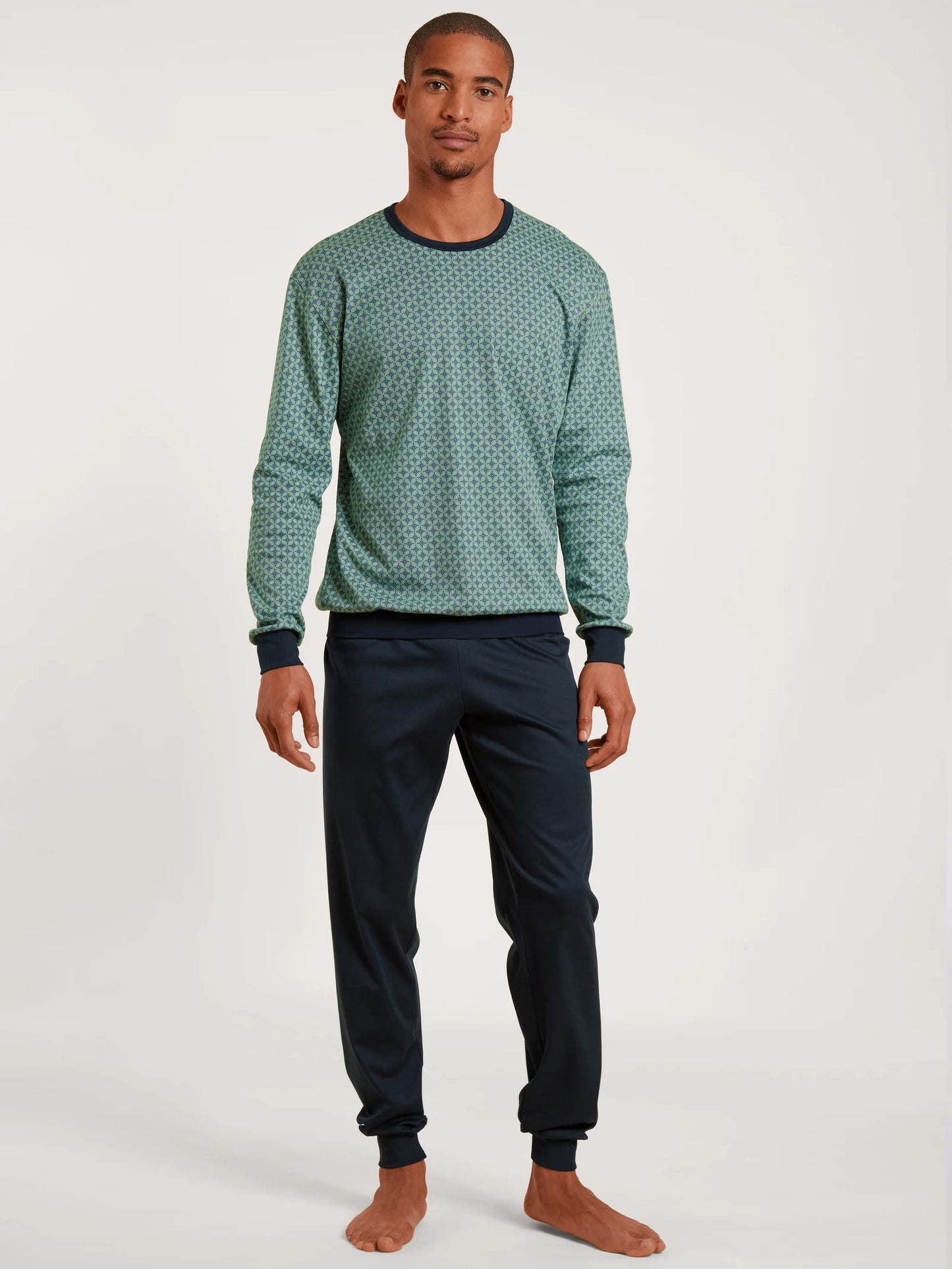 CALIDA Men's Crew Neck Cotton Knit Cuffs Pajamas Set 43486