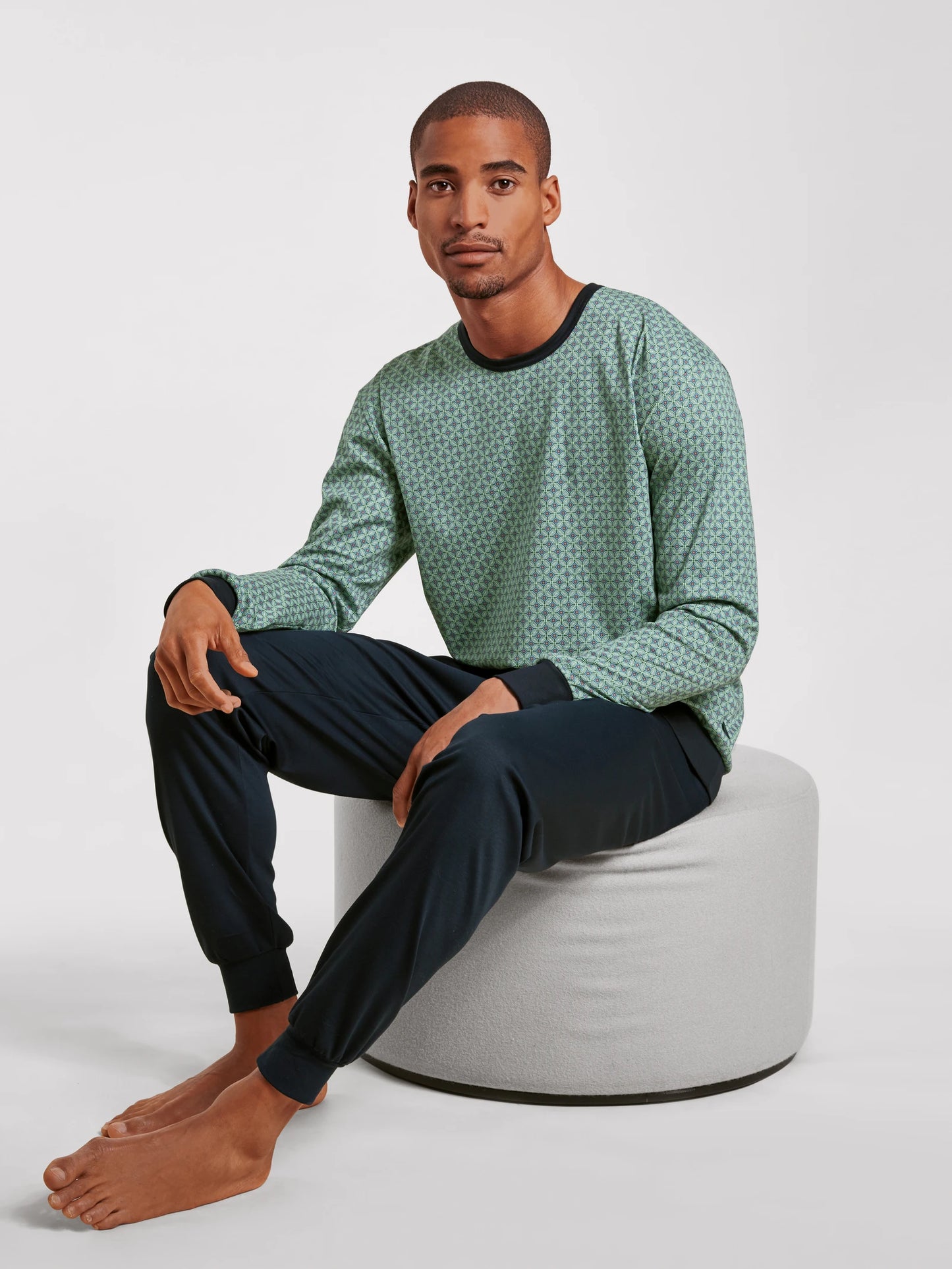 CALIDA Men's Crew Neck Cotton Knit Cuffs Pajamas Set 43486
