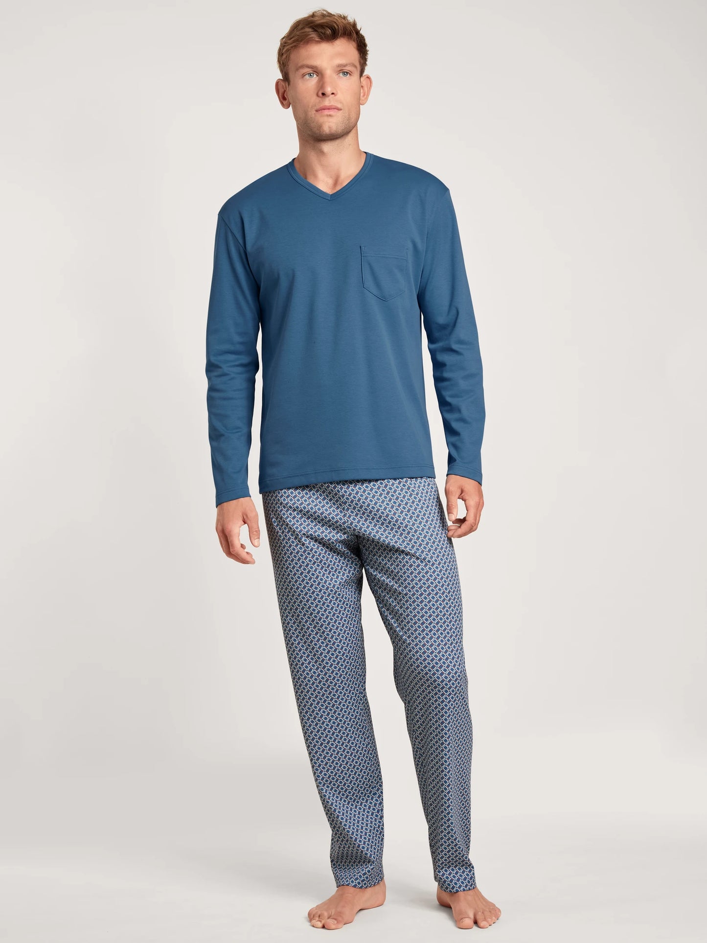 CALIDA Men's V Neck Cotton Knit Pajamas Set 43586