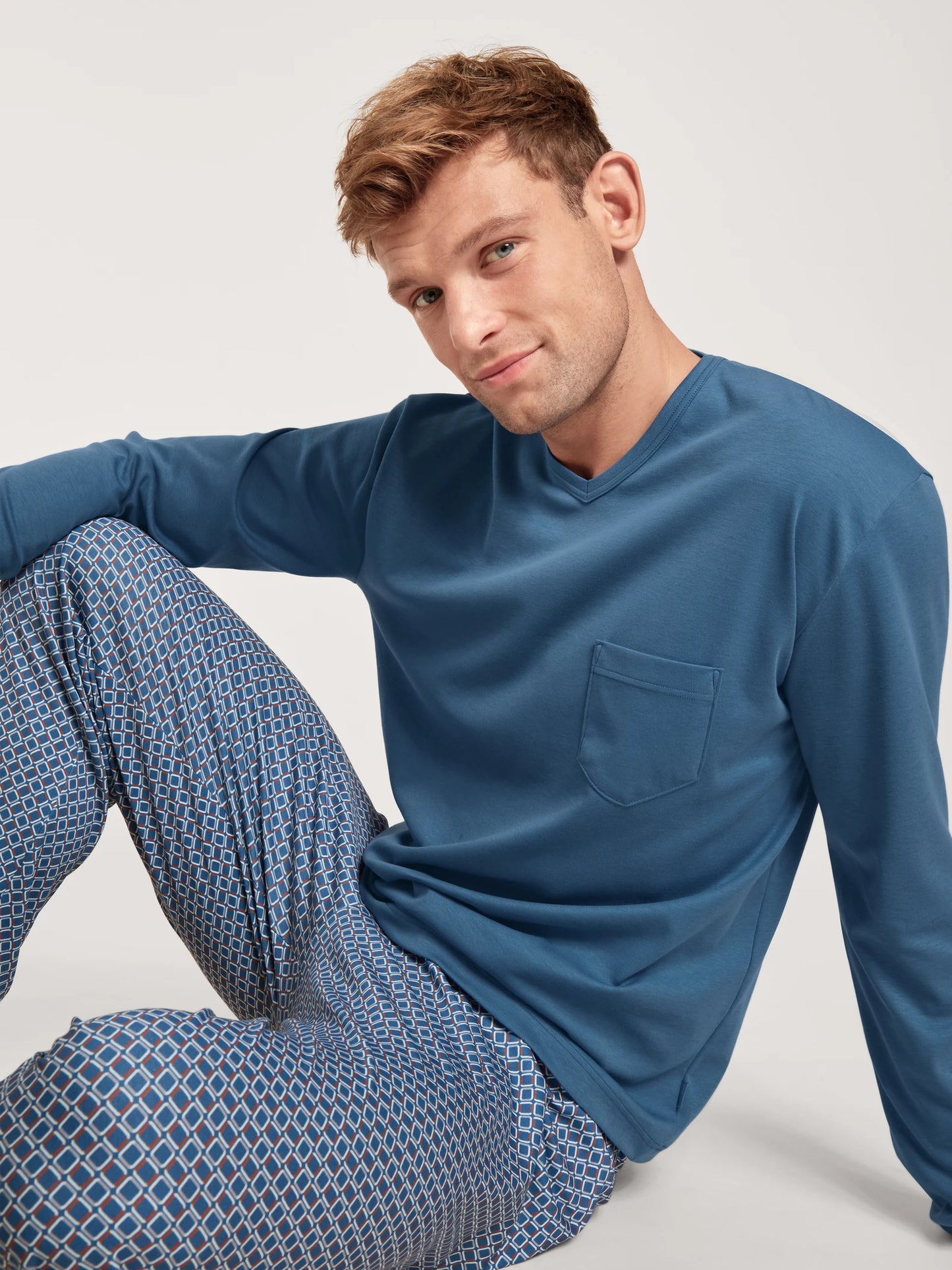 CALIDA Men's V Neck Cotton Knit Pajamas Set 43586