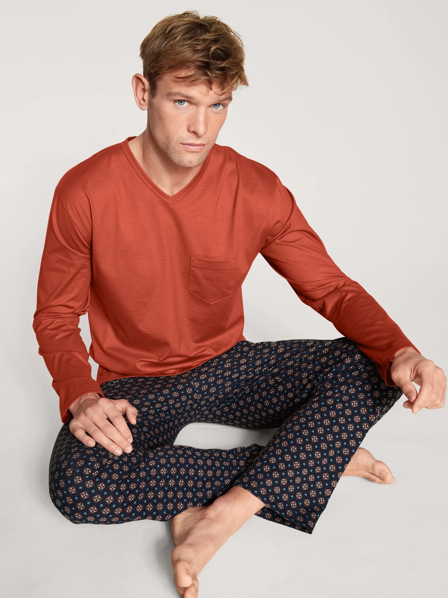CALIDA Men's V Neck Cotton Knit Pajamas Set 42483