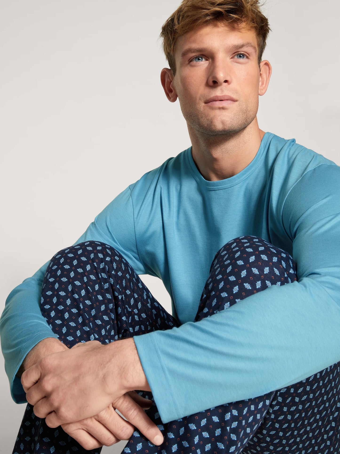 CALIDA Men's Crew Neck Cotton Knit Pajamas Set 42383