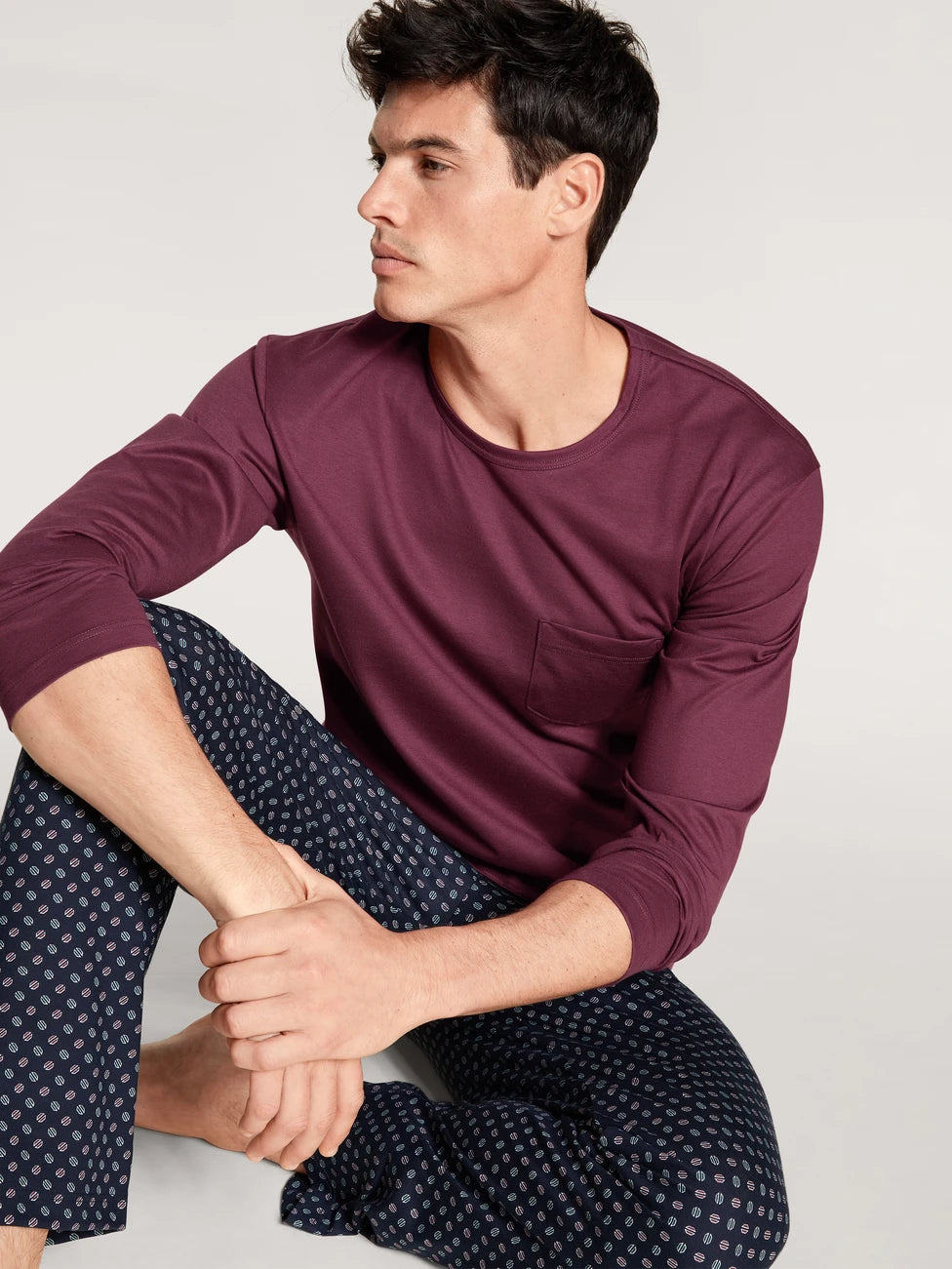 CALIDA Men's Crew Neck Cotton Knit Pajamas Set 42383