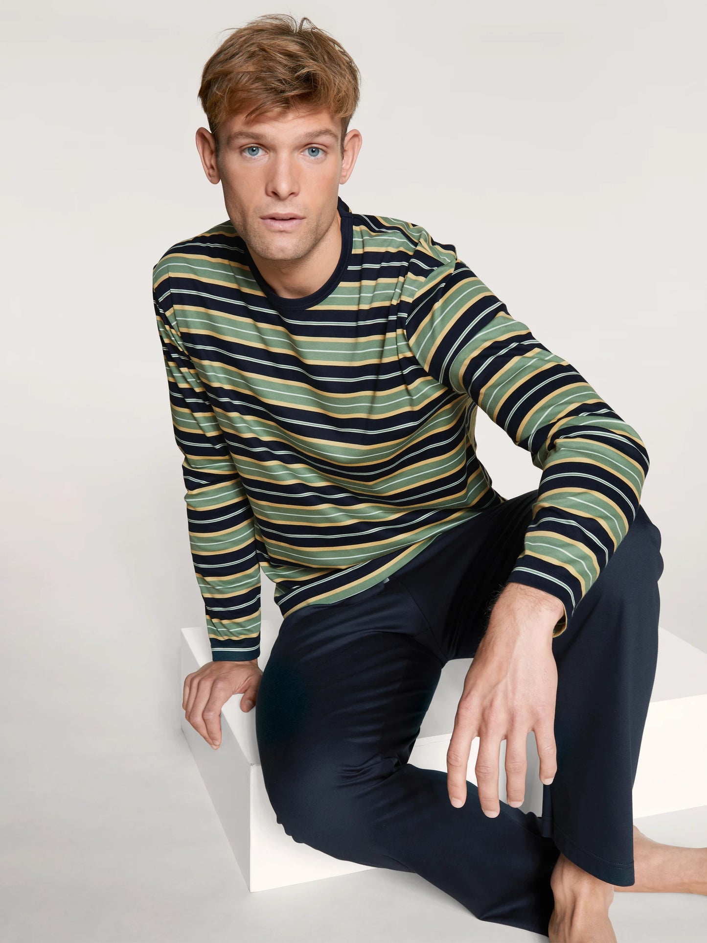 CALIDA Men's Crew Neck Cotton Knit Pajamas Set 43284
