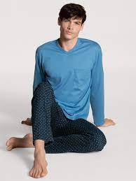CALIDA Men's V Neck Cotton Knit Pajamas Set 41465